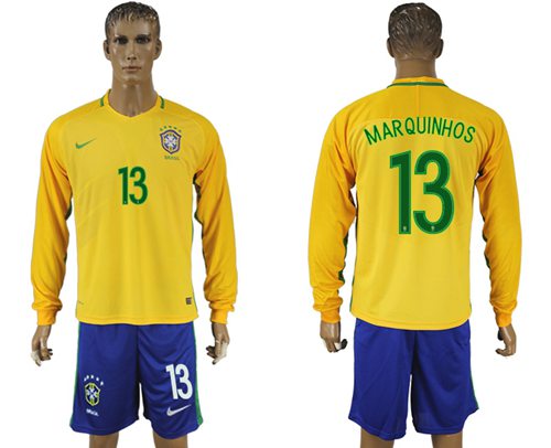 Brazil #13 Marquinhos Home Long Sleeves Soccer Country Jersey